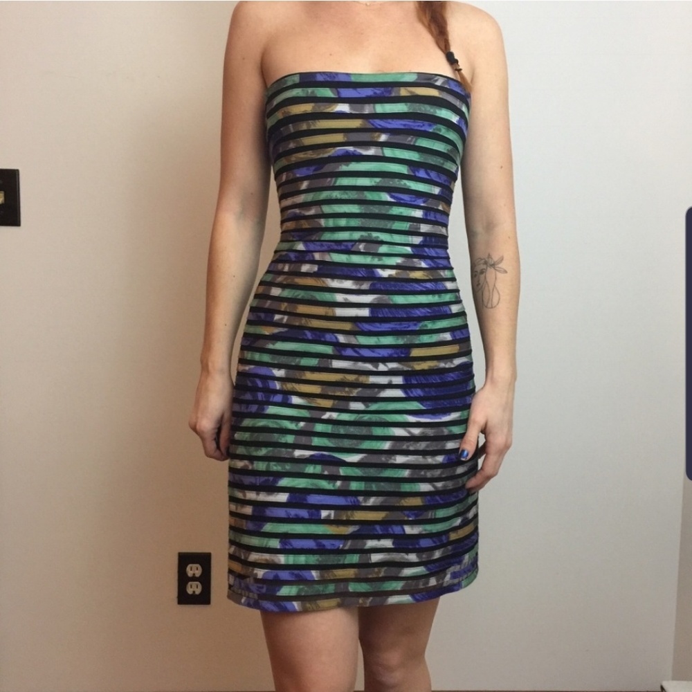 BCBG Max Azria Strapless Floral Mesh Bandage Dress